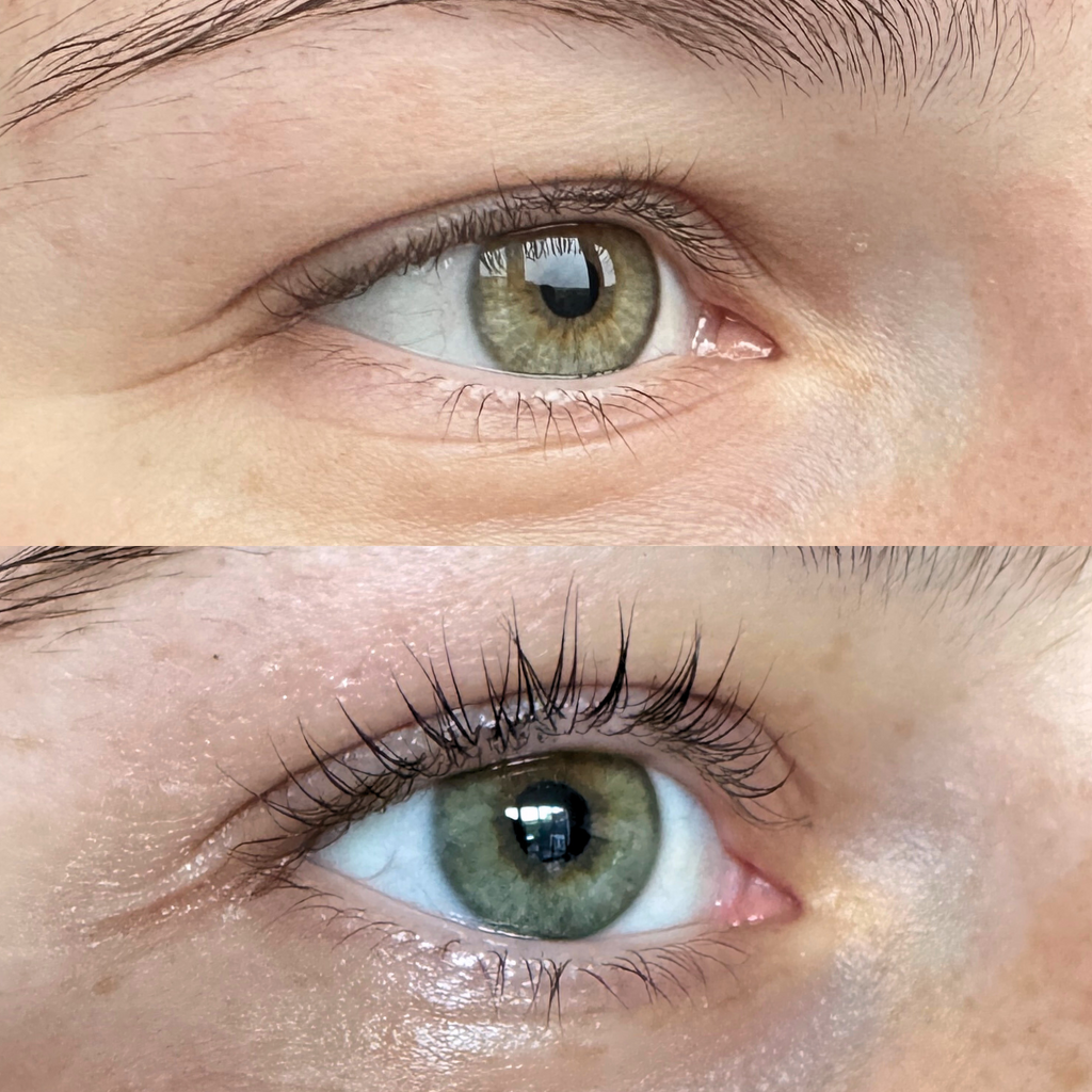 close-up of before and after using everbare at home lash lift kit