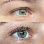 close-up of before and after using everbare at home lash lift kit