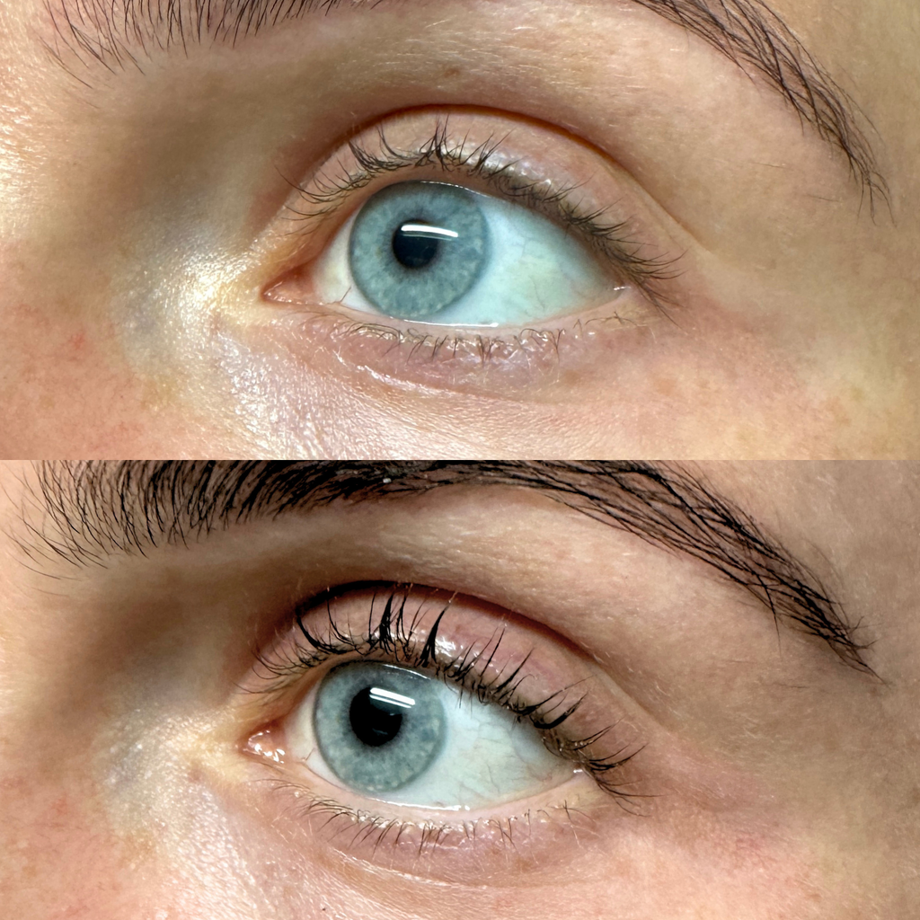 Close up of person with the everbare lash lift kit before and after 
