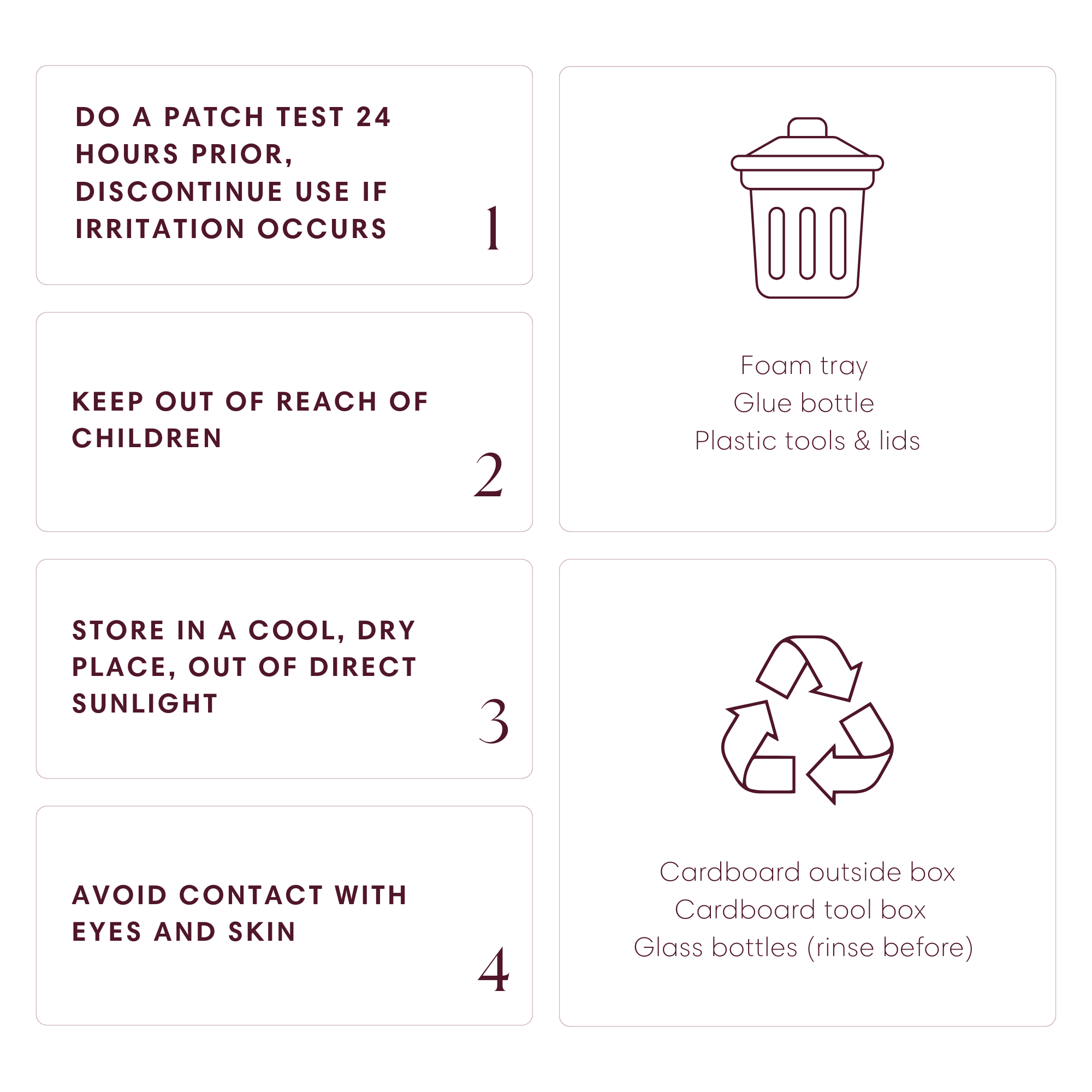 Instructions for product use and disposal with icons and text on a white background
